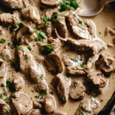 Delicious bowl of cozy beef stroganoff with mushrooms and noodles