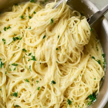 One pot garlic parmesan pasta served in a cozy setting