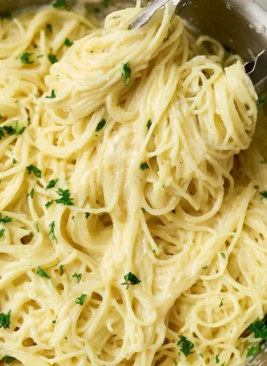 One pot garlic parmesan pasta served in a cozy setting