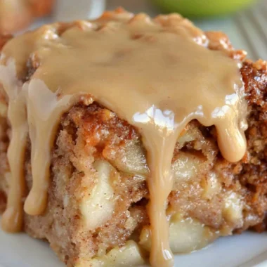 Delicious Apple Dapple Cake with fresh apples and caramel glaze on a rustic plate