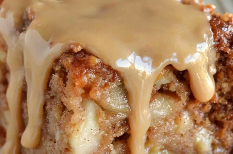 Delicious Apple Dapple Cake with fresh apples and caramel glaze on a rustic plate