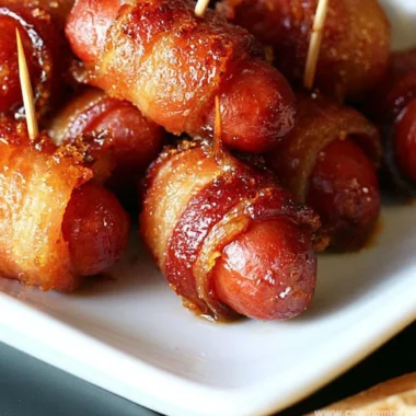 Delicious bacon wrapped smokies glazed with brown sugar