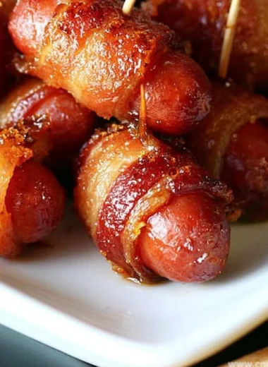 Delicious bacon wrapped smokies glazed with brown sugar