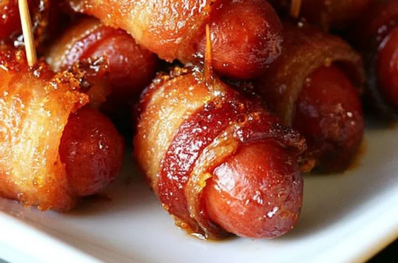 Delicious bacon wrapped smokies glazed with brown sugar