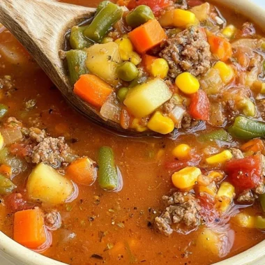 Bowl of delicious hamburger soup with vegetables and herbs