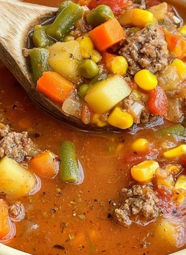 Bowl of delicious hamburger soup with vegetables and herbs