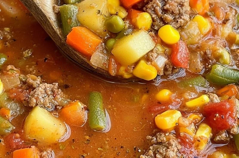 Bowl of delicious hamburger soup with vegetables and herbs