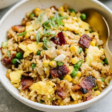 A bowl of Breakfast Fried Rice with colorful vegetables and eggs, perfect for mornings