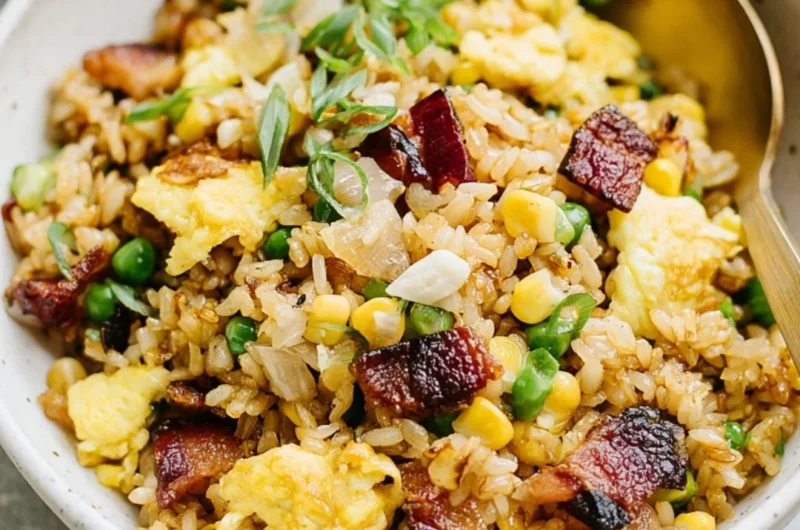 A bowl of Breakfast Fried Rice with colorful vegetables and eggs, perfect for mornings