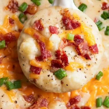 Creamy cheesy potato soup with crispy hash browns in a bowl.