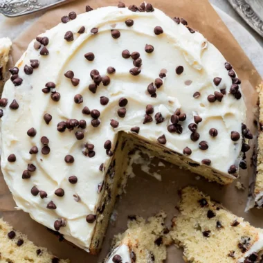Deliciously baked Chocolate Chip Cake with chocolate chips and a golden crust.