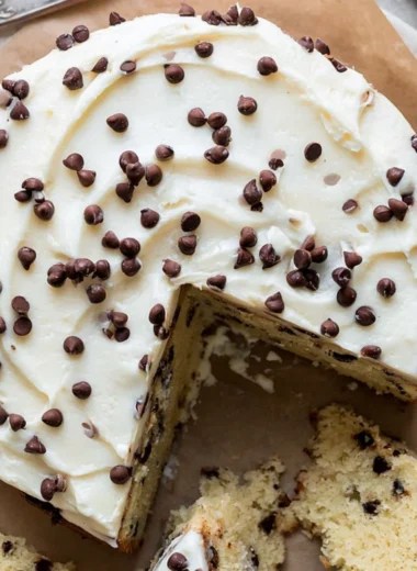 Deliciously baked Chocolate Chip Cake with chocolate chips and a golden crust.