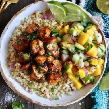 Cilantro Lime Riced Cauliflower and Chicken Bowl garnished with fresh cilantro