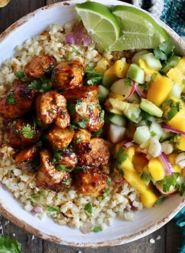 Cilantro Lime Riced Cauliflower and Chicken Bowl garnished with fresh cilantro