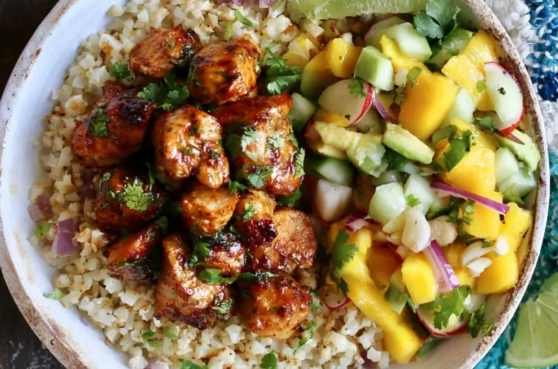 Cilantro Lime Riced Cauliflower and Chicken Bowl garnished with fresh cilantro