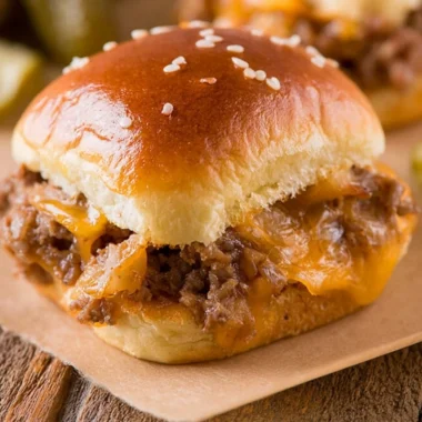 Delicious cozy cheeseburger sliders served on a rustic wooden table.