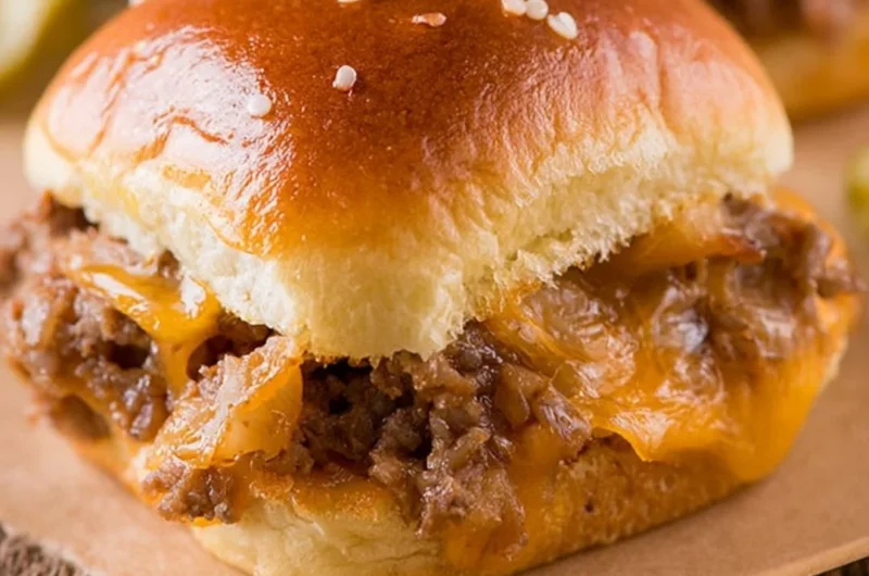 Delicious cozy cheeseburger sliders served on a rustic wooden table.