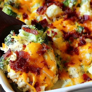 Cozy chicken bacon ranch casserole topped with crispy bacon and herbs