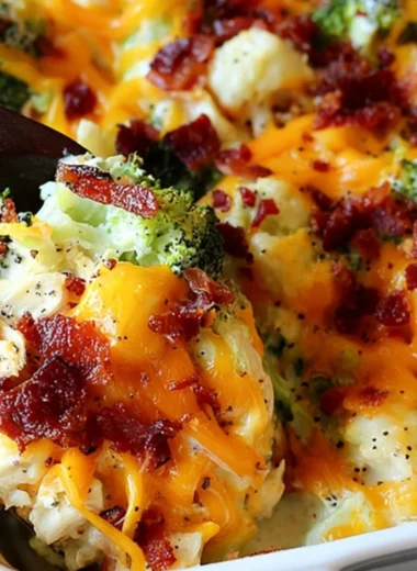 Cozy chicken bacon ranch casserole topped with crispy bacon and herbs