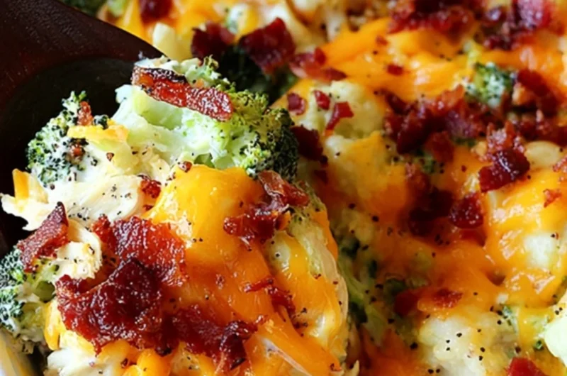 Cozy chicken bacon ranch casserole topped with crispy bacon and herbs
