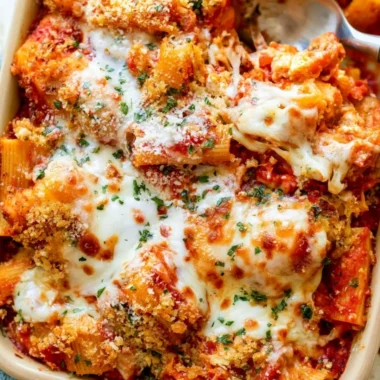 Cozy Chicken Parmesan Casserole topped with melted cheese and herbs
