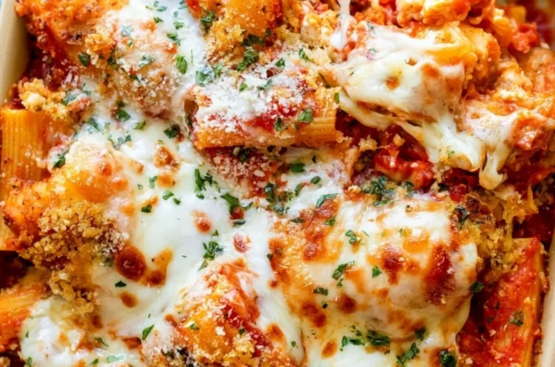 Cozy Chicken Parmesan Casserole topped with melted cheese and herbs