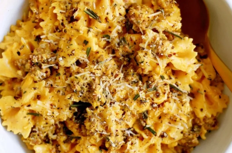 Cozy creamy pumpkin pasta topped with fresh herbs.