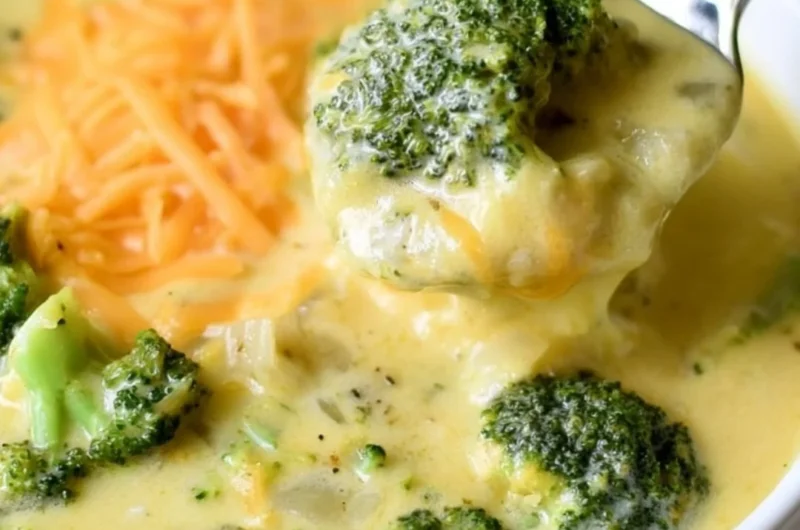 Bowl of cozy keto broccoli cheese soup topped with shredded cheese and fresh herbs.