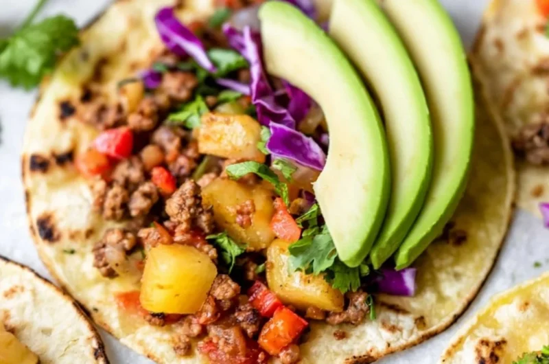 Delicious cozy pineapple turkey tacos served on a plate with fresh toppings