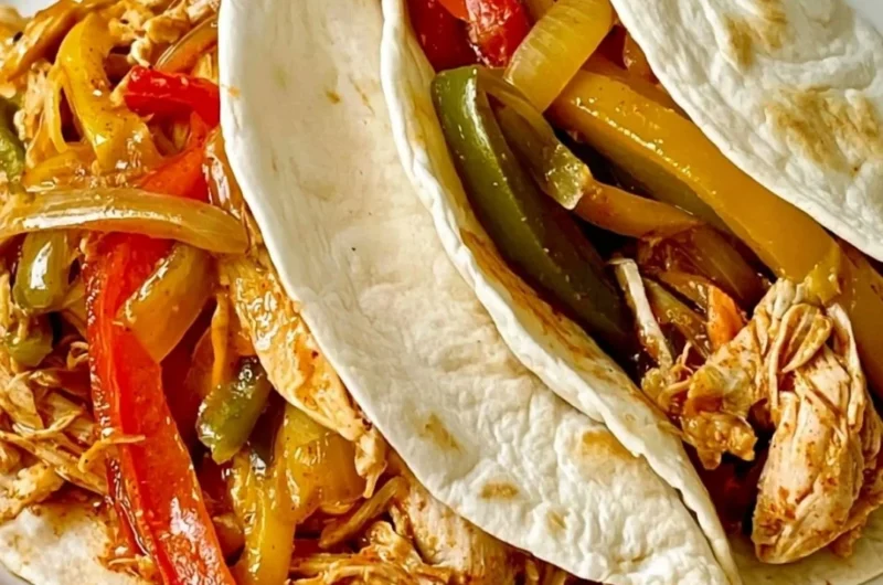 Slow cooker chicken fajitas served in a bowl with fresh toppings.