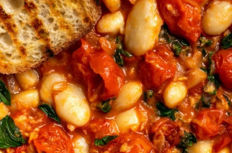 Creamy tomato basil butter beans dish garnished with fresh basil