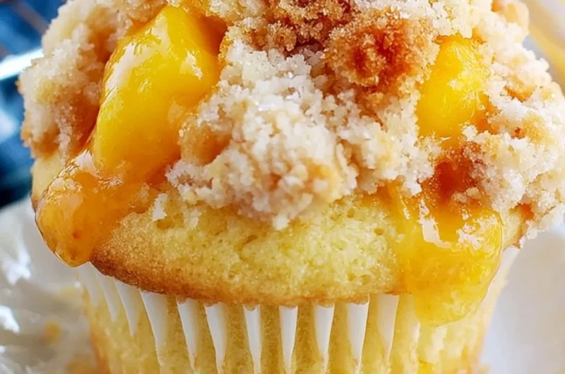 Delicious peach cobbler muffins with crumble topping fresh out of the oven