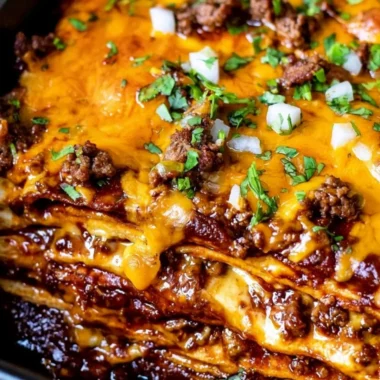 Delicious beef enchilada casserole topped with cheese and fresh ingredients
