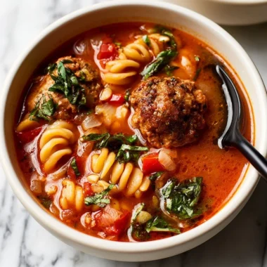 Bowl of easy meatball soup with fresh herbs and vegetables