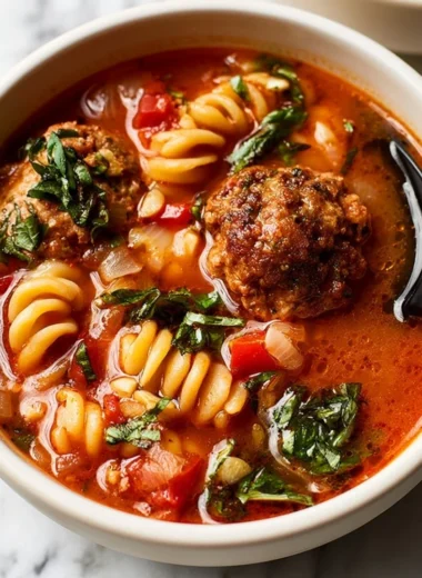 Bowl of easy meatball soup with fresh herbs and vegetables