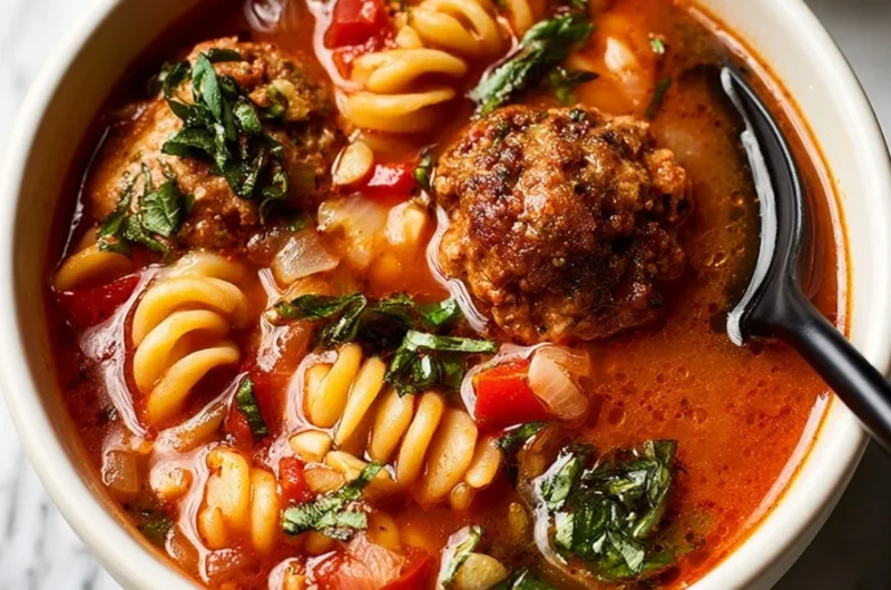 Bowl of easy meatball soup with fresh herbs and vegetables
