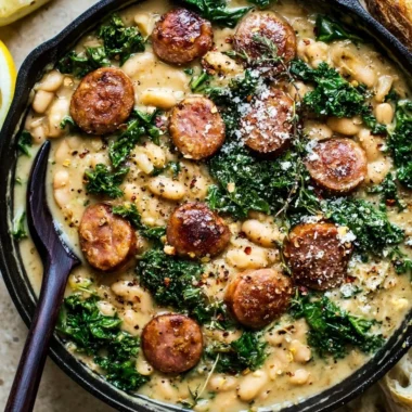 Garlic Kale Skillet with white beans and sausage served in a skillet.