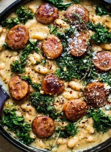 Garlic Kale Skillet with white beans and sausage served in a skillet.