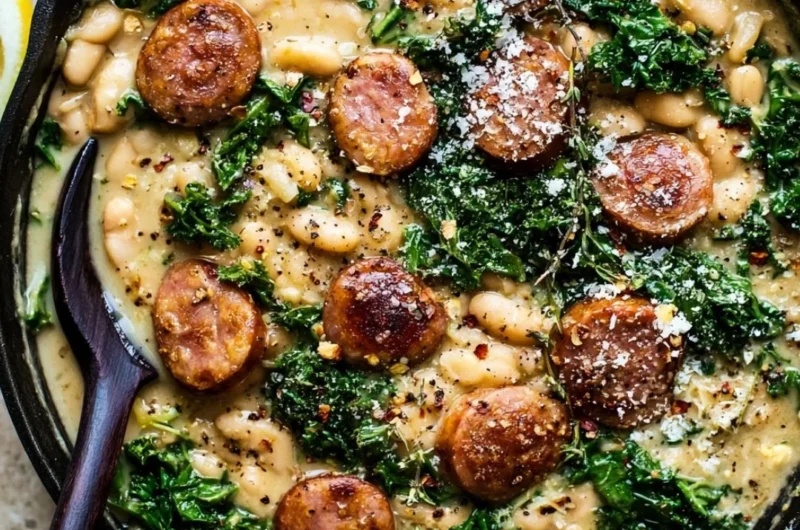 Garlic Kale Skillet with white beans and sausage served in a skillet.