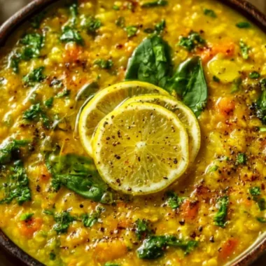 Bowl of Golden Lemon Lentil Soup garnished with herbs