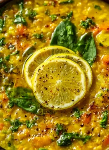 Bowl of Golden Lemon Lentil Soup garnished with herbs