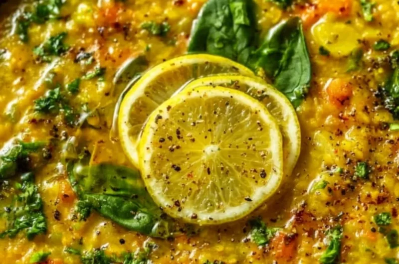 Bowl of Golden Lemon Lentil Soup garnished with herbs