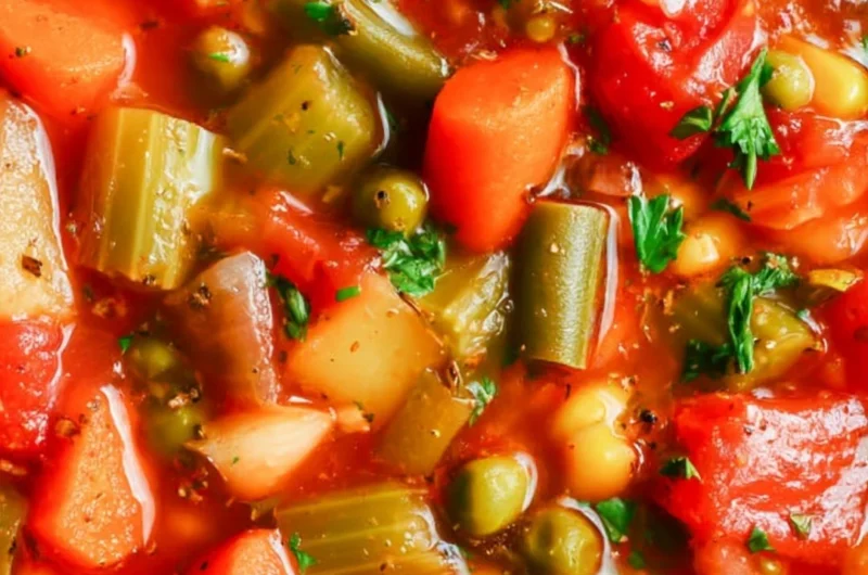 Bowl of hearty vegetable soup filled with fresh vegetables and herbs