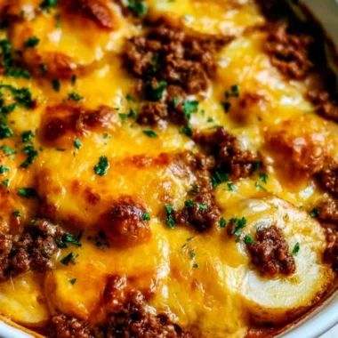 Hobo Casserole featuring ground beef and sliced potatoes in a casserole dish