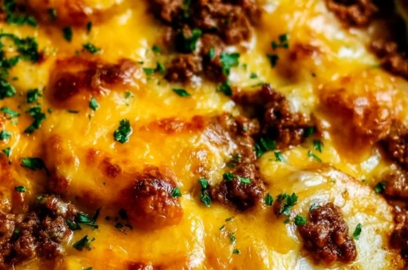 Hobo Casserole featuring ground beef and sliced potatoes in a casserole dish