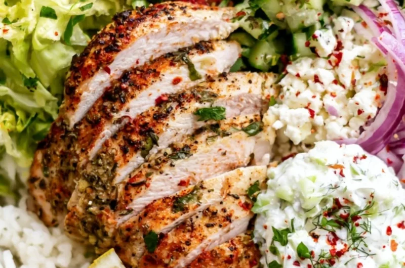 Delicious Lemon Herb Greek Chicken Bowls with fresh vegetables and grains