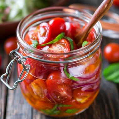 Bowl of marinated cherry tomatoes with herbs and spices