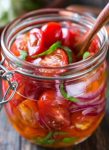 Bowl of marinated cherry tomatoes with herbs and spices