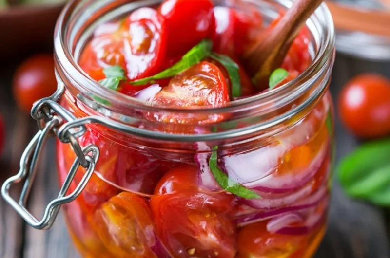 Bowl of marinated cherry tomatoes with herbs and spices