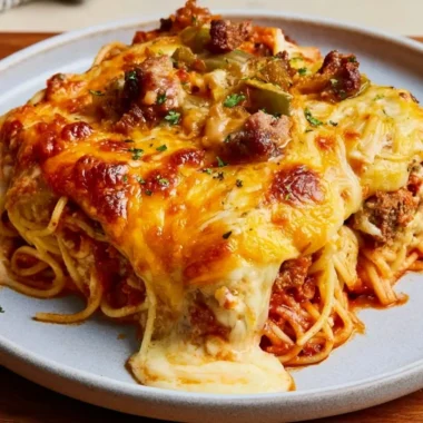 A plate of Million Dollar Spaghetti topped with cheese and herbs